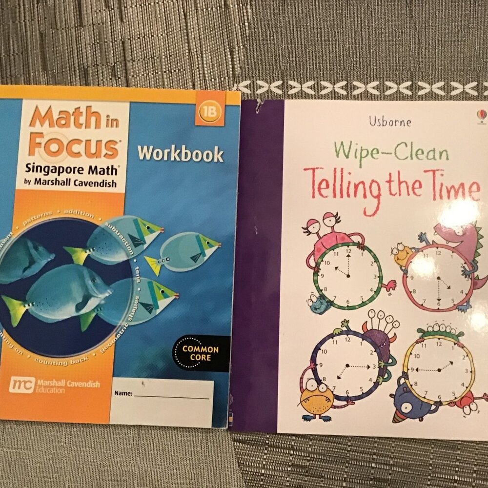 Lot of 2 Primary Math Books--Singapore Math 1B WB, Usborne Wipe-Clean on Time